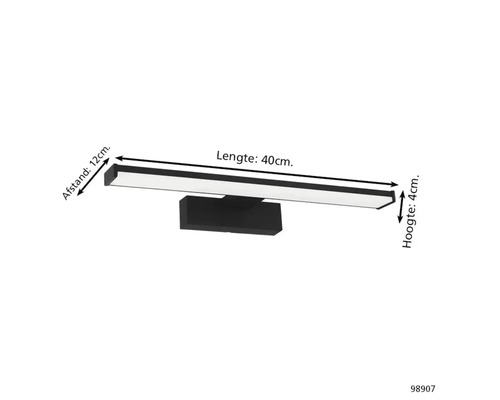 LED nástenné svietidlo s rozmermi 40 cm dĺžka, 12 cm vzdialenosť a 4 cm výška.