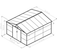 Technický nákres skleníka: šírka 330 centimetrov, hĺbka 372 centimetrov, výška hrebeňa 205 centimetrov, výška steny 160 centimetrov.