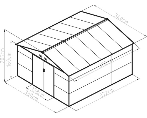 Technický nákres skleníka: šírka 330 centimetrov, hĺbka 372 centimetrov, výška hrebeňa 205 centimetrov, výška steny 160 centimetrov.