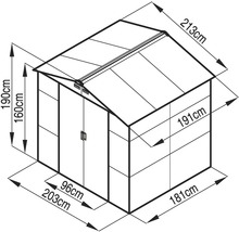 Technický výkres záhradného domčeka s rozmermi: výška 190 centimetrov, šírka 203 centimetrov, hĺbka 181 centimetrov.
