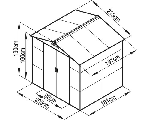 Technický výkres záhradného domčeka s rozmermi: výška 190 centimetrov, šírka 203 centimetrov, hĺbka 181 centimetrov.