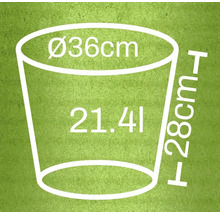 Nákres kvetináča s rozmermi priemer 36 centimetrov, výška 28 centimetrov a objem 21,4 litra