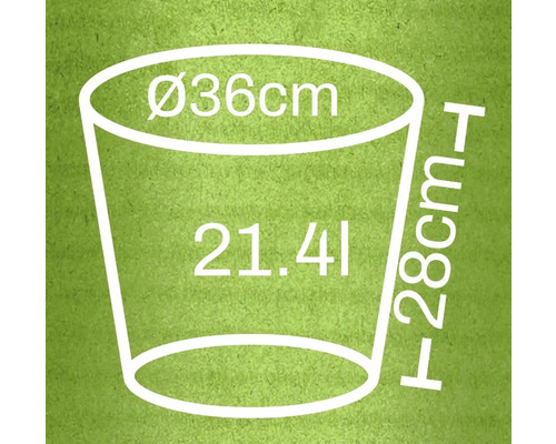 Nákres kvetináča s rozmermi priemer 36 centimetrov, výška 28 centimetrov a objem 21,4 litra