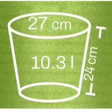 Nákres kvetináča s rozmermi 27 centimetrov, 24 centimetrov a objemom 10,31 litra