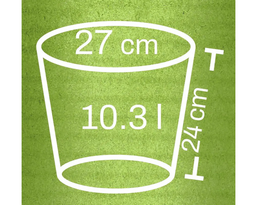 Nákres kvetináča s rozmermi 27 centimetrov, 24 centimetrov a objemom 10,31 litra
