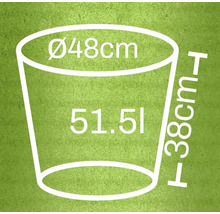 Schéma kvetináča s rozmermi priemeru 48 centimetrov, výšky 38 centimetrov a objemu 51,5 litra