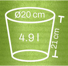Obrázok rozmerov kvetináča: priemer hore 20 centimetrov, výška 21 centimetrov, objem 4,9 litra