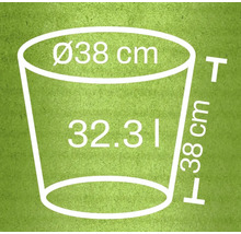 Nákres kvetináča s rozmermi 38 centimetrov v priemere, 38 centimetrov na výšku a 32,31 litrov objemu
