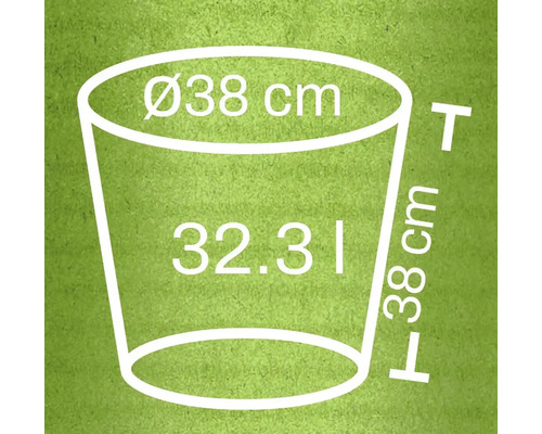 Nákres kvetináča s rozmermi 38 centimetrov v priemere, 38 centimetrov na výšku a 32,31 litrov objemu