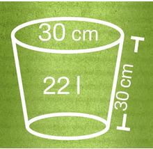Rozmerový náčrt 22 litrového vedra s priemerom 30 centimetrov a výškou 30 centimetrov