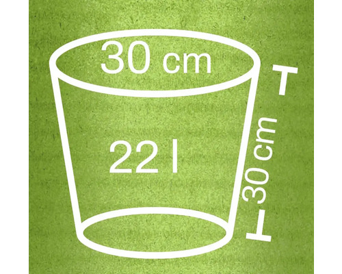 Rozmerový náčrt 22 litrového vedra s priemerom 30 centimetrov a výškou 30 centimetrov