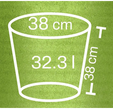 Rozmery kvetináča: priemer 38 centimetrov, objem 32,31 litra, výška 38 centimetrov