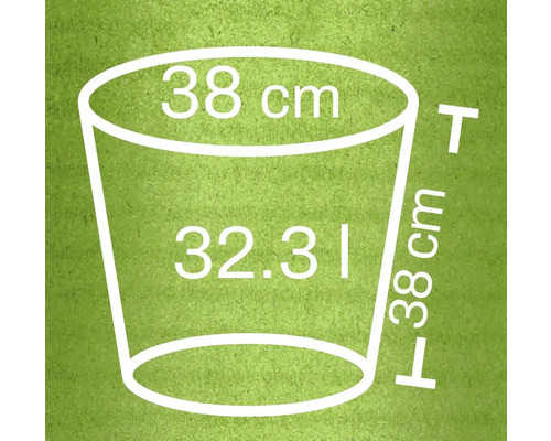 Rozmery kvetináča: priemer 38 centimetrov, objem 32,31 litra, výška 38 centimetrov
