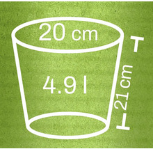 Nákres kvetináča s rozmermi 20 cm v priemere hore, 21 cm na výšku a objemom 4,91 litra