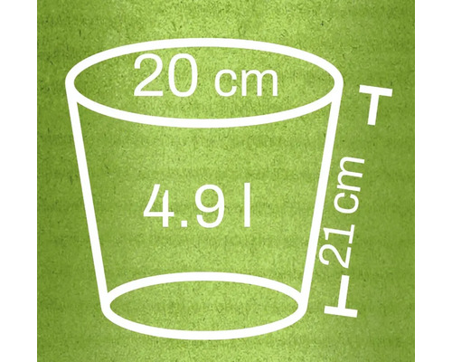 Nákres kvetináča s rozmermi 20 cm v priemere hore, 21 cm na výšku a objemom 4,91 litra