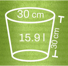 Náčrt kvetináča s rozmermi 30 cm v priemere, 30 cm na výšku a objemom 15,91 litra