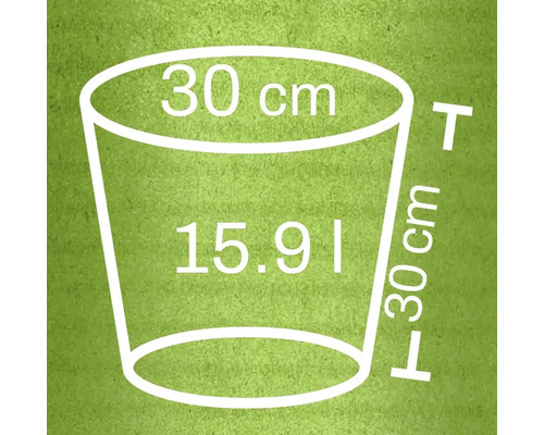 Náčrt kvetináča s rozmermi 30 cm v priemere, 30 cm na výšku a objemom 15,91 litra