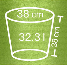 Nákres kvetináča s rozmermi 38 centimetrov v priemere, 38 centimetrov na výšku a objemom 32,31 litra