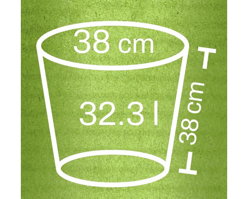 Nákres kvetináča s rozmermi 38 centimetrov v priemere, 38 centimetrov na výšku a objemom 32,31 litra