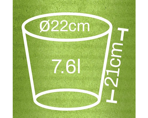 Obrázok rozmerov kvetináča: priemer 22 cm, výška 21 cm, objem 7,6 litra
