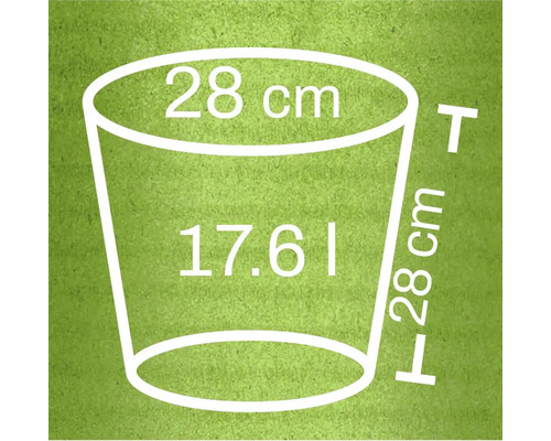 Ilustrácia kvetináča s rozmermi 28 cm na výšku, 28 cm v priemere a objeme 17,61 litra