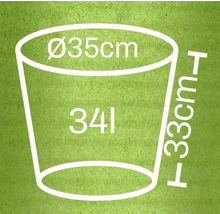 Nákres kvetináča s rozmermi priemer 35 centimetrov, výška 33 centimetrov a objem 34 litrov.