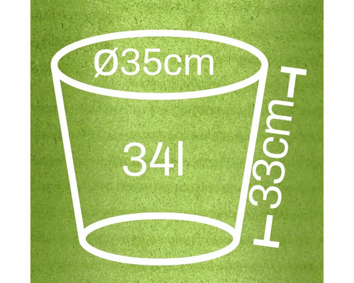 Nákres kvetináča s rozmermi priemer 35 centimetrov, výška 33 centimetrov a objem 34 litrov.