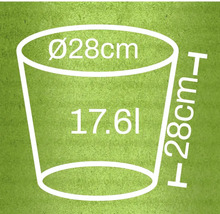 Kvetináč s priemerom 28 cm, výškou 28 cm a objemom 17,61 litra.