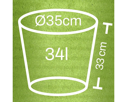 Ilustrácia kvetináča s rozmermi priemer 35 cm, výška 33 cm a objem 34 litrov
