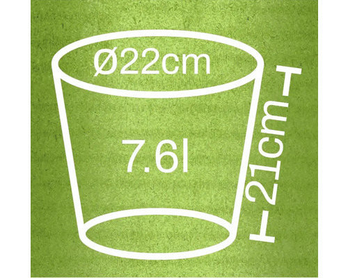 Ilustrácia kvetináča s rozmermi priemer 22 cm, výška 21 cm a objem 7,6 litra