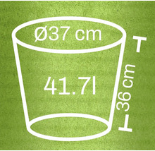 Nákres kvetináča s rozmermi 37 centimetrov priemer, 36 centimetrov výška a 41,71 litrov objem