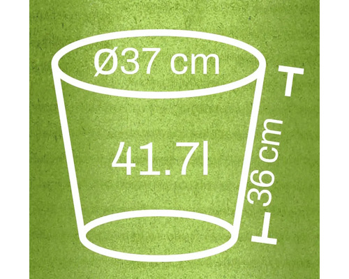 Nákres kvetináča s rozmermi 37 centimetrov priemer, 36 centimetrov výška a 41,71 litrov objem