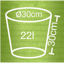 Nákres kvetináča s rozmermi 30 centimetrov v priemere, 30 centimetrov na výšku a objemom 22 litrov