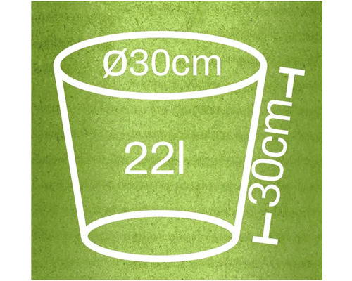 Nákres kvetináča s rozmermi 30 centimetrov v priemere, 30 centimetrov na výšku a objemom 22 litrov