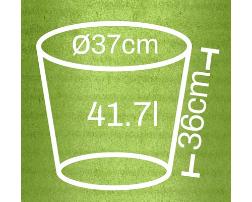 Ilustrácia kvetináča s rozmermi 37 centimetrov v priemere, 36 centimetrov na výšku a objemom 41,71 litra