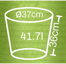 Obrázok kvetináča s rozmermi: priemer 37 cm, výška 36 cm a objem 41,71 litrov.