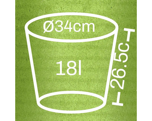 Nákres kvetináča s rozmermi 34 centimetrov v priemere, 26,5 centimetrov na výšku a objemom 18 litrov