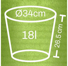 Ilustrácia kvetináča s rozmermi: priemer 34 cm, výška 26,5 cm a objem 18 litrov.