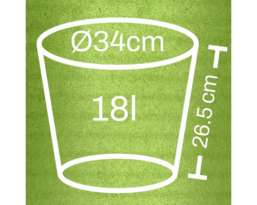 Ilustrácia kvetináča s rozmermi: priemer 34 cm, výška 26,5 cm a objem 18 litrov.