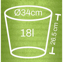 Schéma kvetináča s rozmermi 34 centimetrov v priemere, 26,5 centimetrov na výšku a objemom 18 litrov