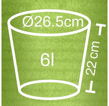 Technický nákres kvetináča s rozmermi 26,5 cm v priemere a 22 cm na výšku a objemom 6 litrov