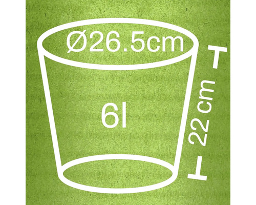 Technický nákres kvetináča s rozmermi 26,5 cm v priemere a 22 cm na výšku a objemom 6 litrov