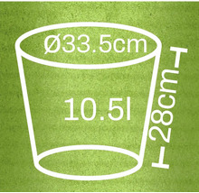 Ilustrácia kvetináča s rozmermi 33,5 cm priemer, 28 cm výška a objem 10,5 litra