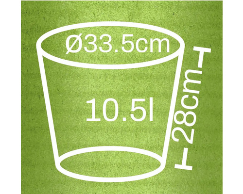 Ilustrácia kvetináča s rozmermi 33,5 cm priemer, 28 cm výška a objem 10,5 litra