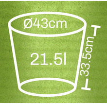 Ilustrácia kvetináča s rozmermi priemer 43 centimetrov, výška 33,5 centimetrov a objem 21,5 litra.