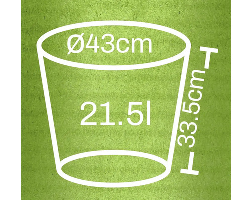 Ilustrácia kvetináča s rozmermi priemer 43 centimetrov, výška 33,5 centimetrov a objem 21,5 litra.