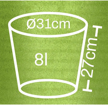 Rozmerový náčrt kvetináča: priemer 31 cm, výška 27 cm, objem 8 litrov