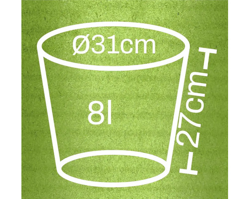 Rozmerový náčrt kvetináča: priemer 31 cm, výška 27 cm, objem 8 litrov