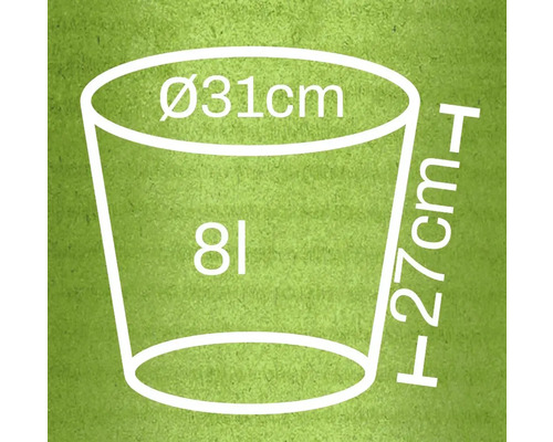 Ilustrácia kvetináča s rozmermi 31 cm v priemere a 27 cm na výšku, a objemom 8 litrov