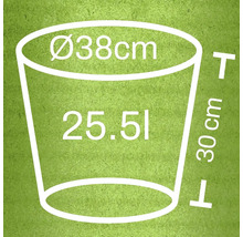 Nákres kvetináča s rozmermi 38 cm priemer, 30 cm výška a objem 25,51 litra